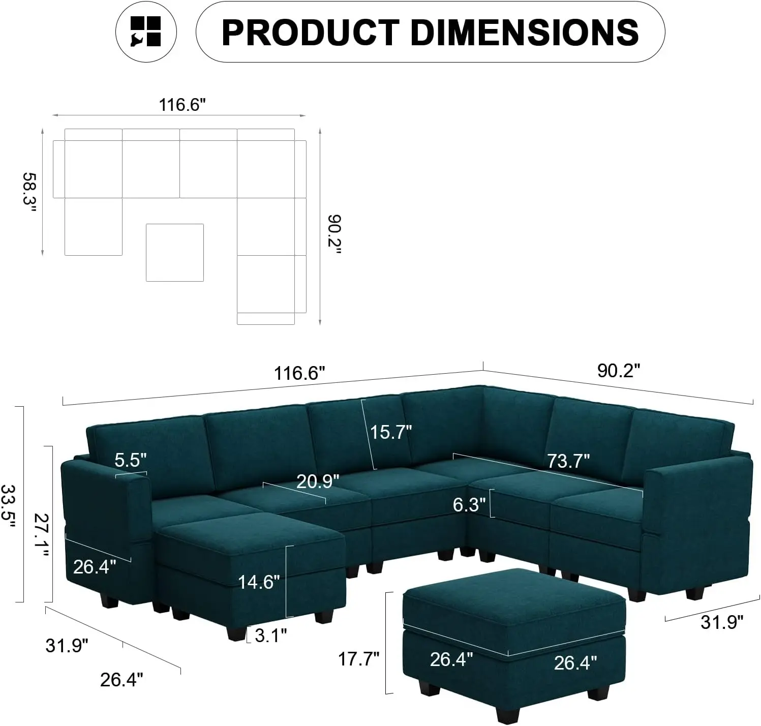 Oversized Modular Sectional Sofa U Shaped Couch Set with Storage Seat Convertible Large Couch U Shape Set Peacock Blue