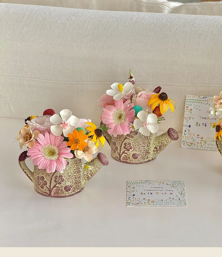 Ceramic Retro Gorgeous Flower Pot Fresh and Unique Kettle Shape Planting Fleshiness Desktop Flowerpot A Holiday Gift for Teacher