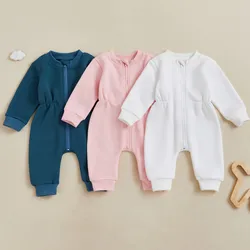 RUEWEY 0 to 18 Months Baby Girl Boy Fleece Romper Spring Autumn Clothes Solid Color Long Sleeve Zipper Front Jumpsuit Newborn