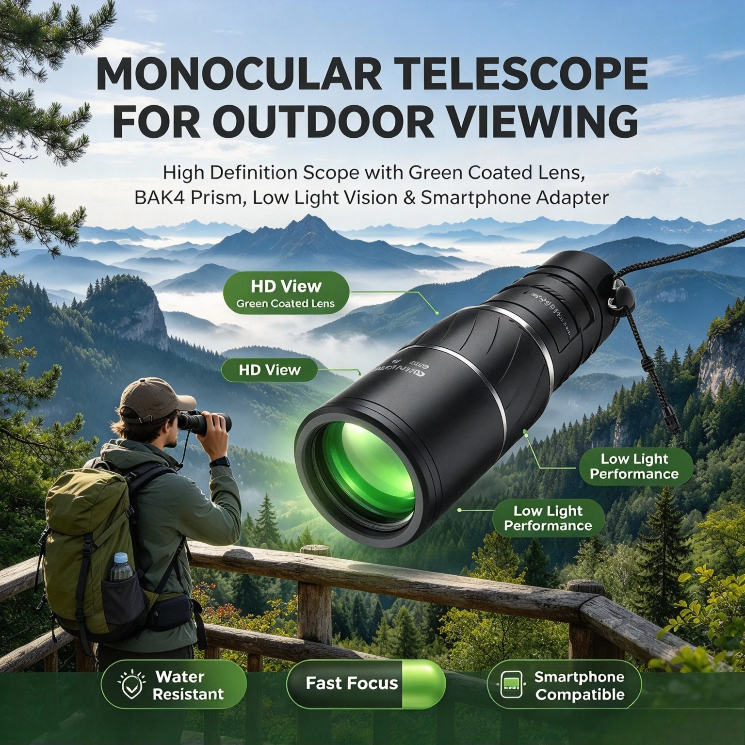 Binocolo ad alta potenza HD, telescopio portatile a lunga distanza, monoculare da esterno per osservazione degli uccelli, caccia, campeggio, osservazione della fauna selvatica e viaggi.