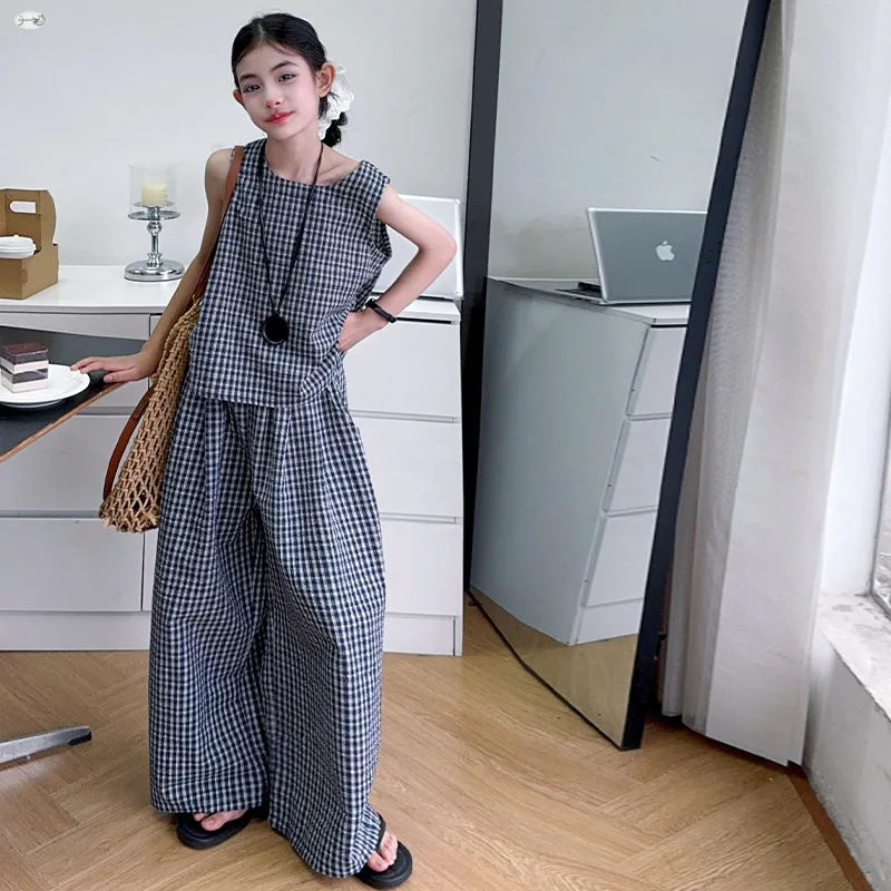 

2025 Summer New Children's Checkered Pattern Tank Top and Wide Leg Pants Two Piece Set