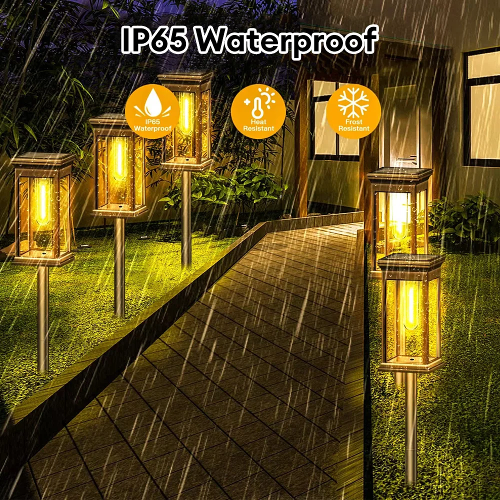 LED Solar Pathway Lights com filamento de tungstênio, lâmpada impermeável, lâmpada Paisagem ao ar livre para quintal, gramado, garagem, passarela, jardim, 2PCs