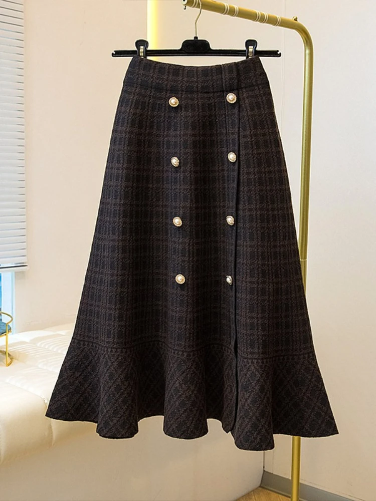 Women's Slimming A-Line Knit Skirt with Ruffles Winter Casual Plaid Checkered Elegant Retro High Waist Flared Skirt for Fall