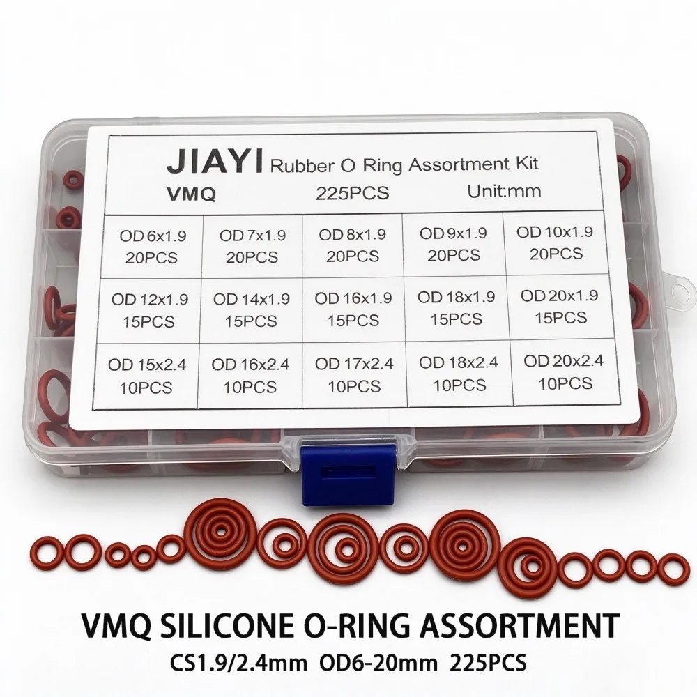 225Pcs High Temp Non-Toxic Red Food Grade VMQ Silicone O Ring Kit Set OD 6mm-20mm Waterproof Seal Gaskets for Home Industrial