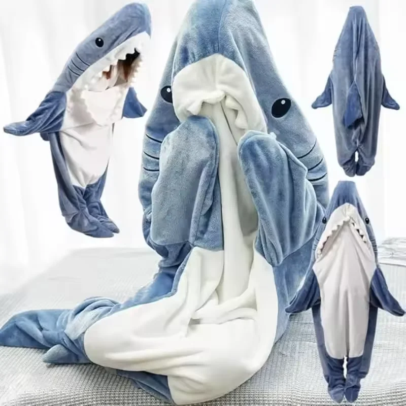 الكبار Homewear الكرتون القرش زوجين كيس النوم بيجامة مضحك القرش بطانية مقنعين الدافئة الفانيلا مضحك Homewear القرش نيسيي