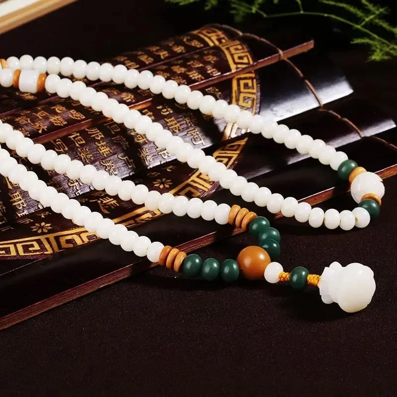 White Bodhi Root Bracelet 108 Buddha Beads Bracelet Protector Traditional Ethnic Jewelry Men's and Women's Versatile Necklace