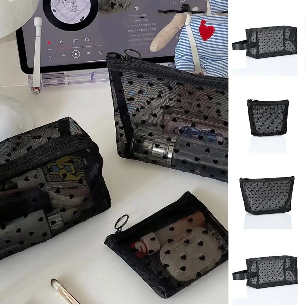 Black Love Heart Mesh Cosmetic Bag Transparent Make Up Bag Travel Storage Bag Simple Portable Wash Bag