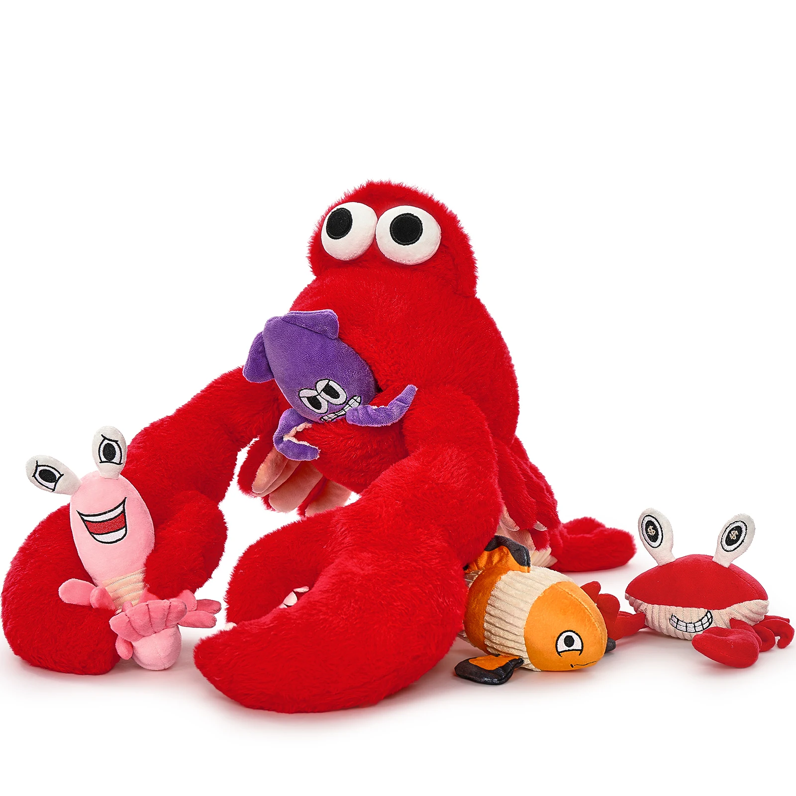 Zachte 5-delige gewogen knuffels, kreeft pluche set inclusief moeder kreeft, garnalen, krab, octopus, vis, gigantische rivierkreeft
