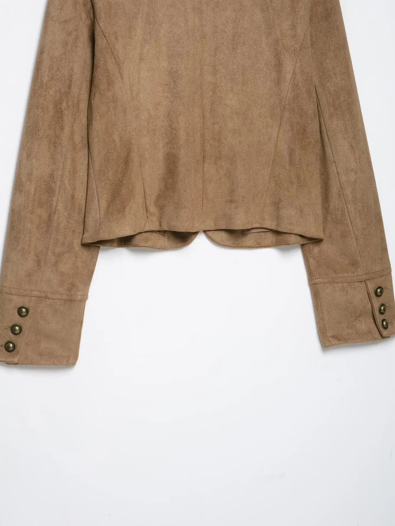 Neu eingetroffene Damen-Slim-Jacke mit Stehkragen, doppelreihigem Verschluss, Metallknopf-Verzierung, Reißverschluss vorne, kurz geschnittene Oberbekleidung, Herbstmode für Damen. – Detail 10