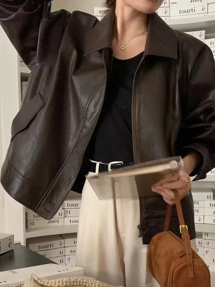 Chic Women's Leather Jacket Coat Vintage Collar Loose Versatile BF Style Motorcycle Clothes Spring 2024 New Arrival