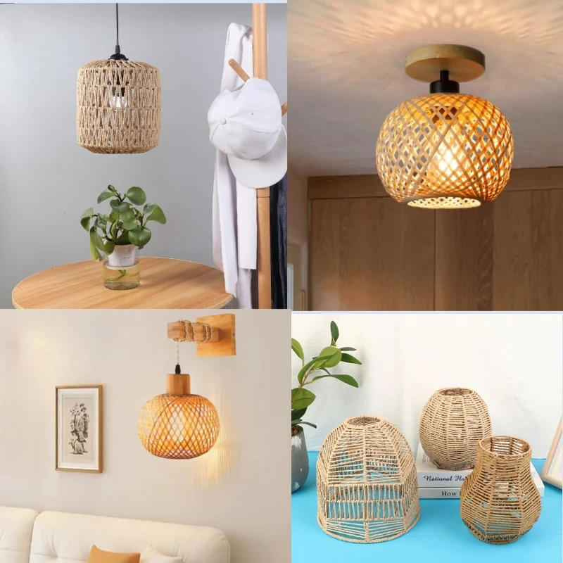 Artisan Rattan Lampshade Pendant Light Bamboo Fixture for Home Dining Area & Restaurant Lighting