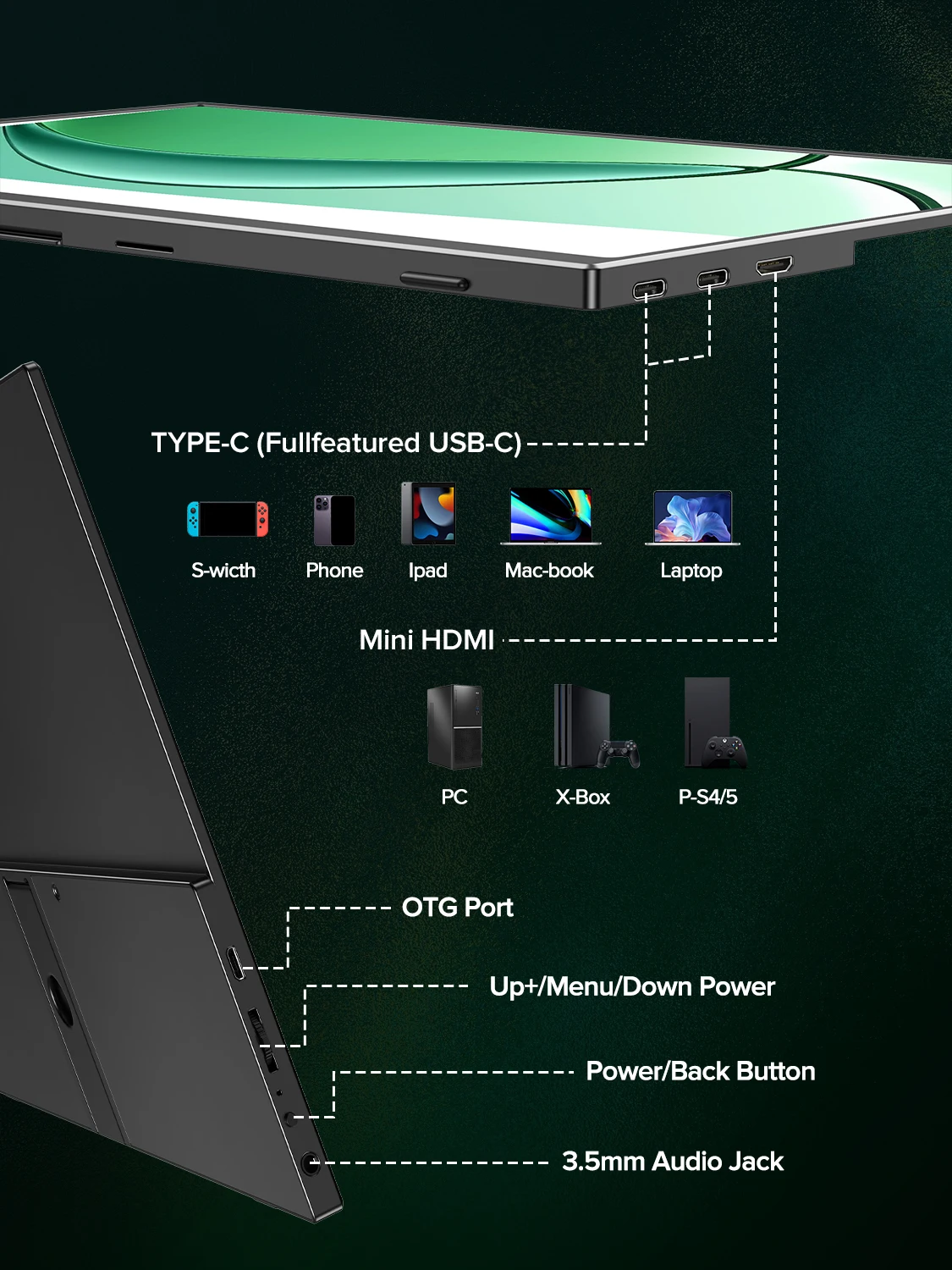 شاشة UPERFECT المحمولة بدقة 4K مقاس 13.3 بوصة، 450 شمعة، 3840 * 2400، IPS، HDMI، USB C، شاشة ألعاب كمبيوتر، شاشة ممتدة لأجهزة الكمبيوتر المحمولة والهاتف