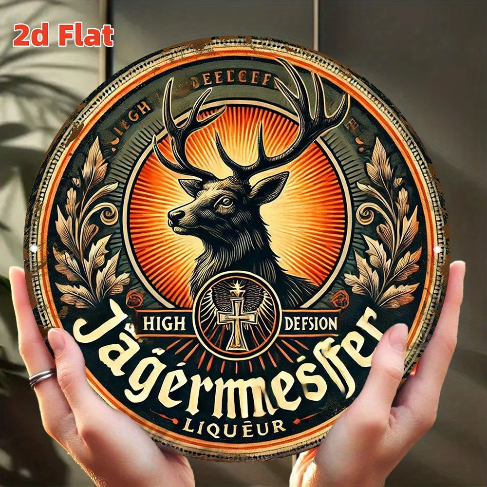 Arte de pared de whisky con cabeza de ciervo plana 2D, letrero de Metal de aluminio redondo de 19,81 cm con detalles dorados, decoración duradera para interiores/exteriores