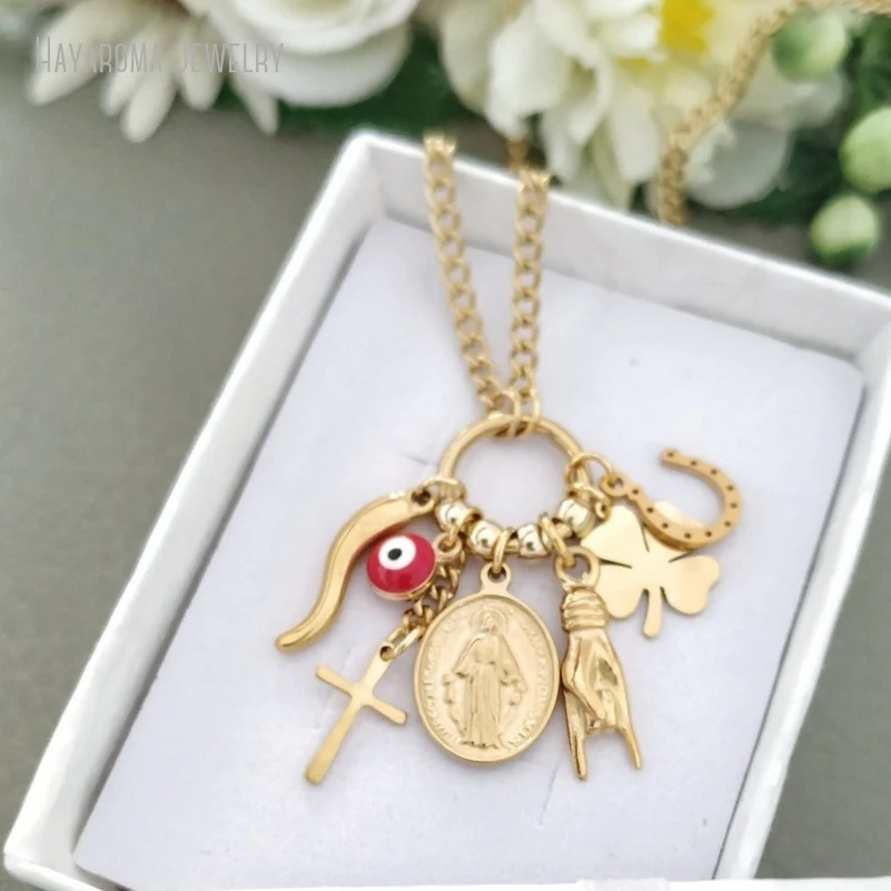 10Pcs Italian Good Luck Necklace Mano Cornuto Charms Gold Color Italy Horn Pendant Malocchio Protection Amulet Jewelry