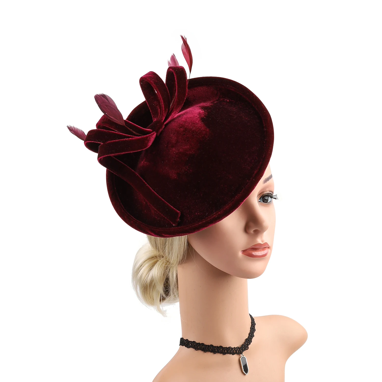 Velour Velvet Fascinator Feather Hat for Winter, Boutique Elegant Tea Party Church Banquet Hat for Women Ladies