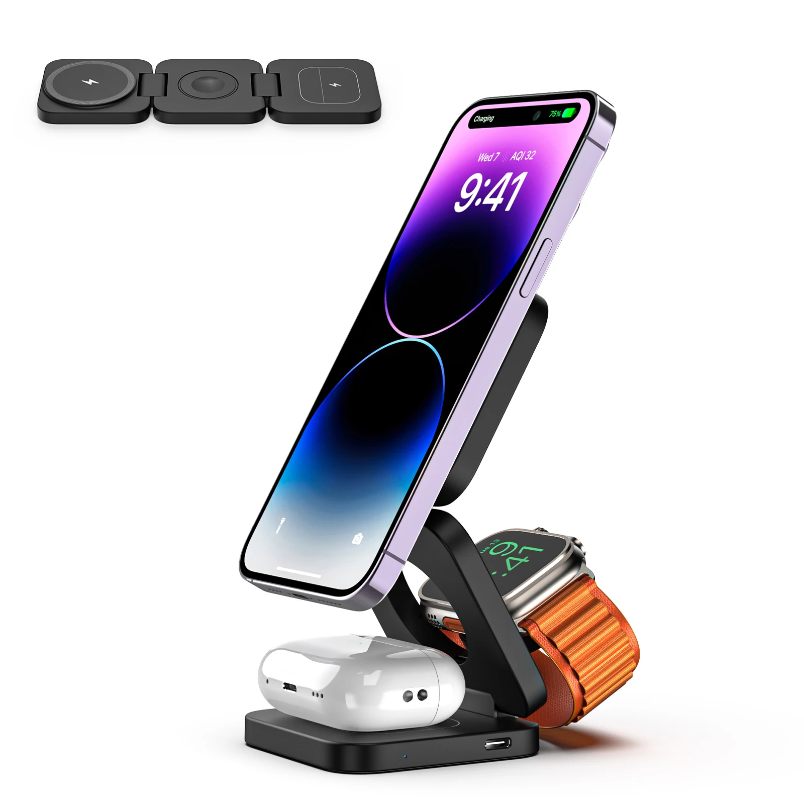 Foldable 3 in 1 Magnetic Wireless Hold Charging Station for iPhone16/15/14/13Pro/Max,for Apple Watch，AirPods,Fast Charger Holder