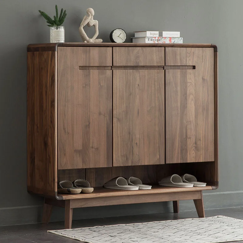 Japanese minimalist North American black walnut wood shoe cabinet for small household storage, all solid wood porch cabinet,