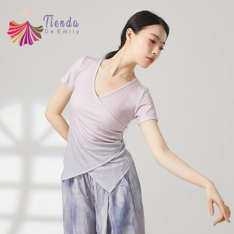 Camiseta de manga corta para mujer, Top de práctica de baile moderno, Top degradado de dos colores, ropa acanalada, bailarina de equipo básico clásico, novedad de verano