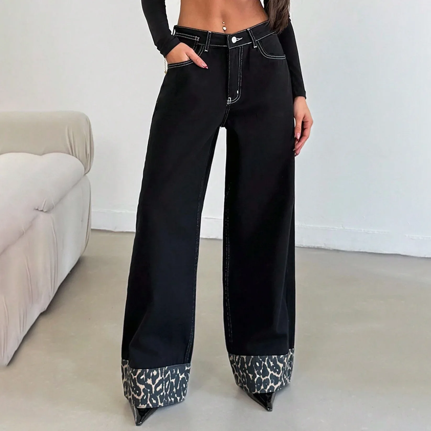 Pantalones vaqueros de pierna ancha con retales de leopardo para mujer, pantalones vaqueros holgados versátiles a la moda de cintura alta para otoño