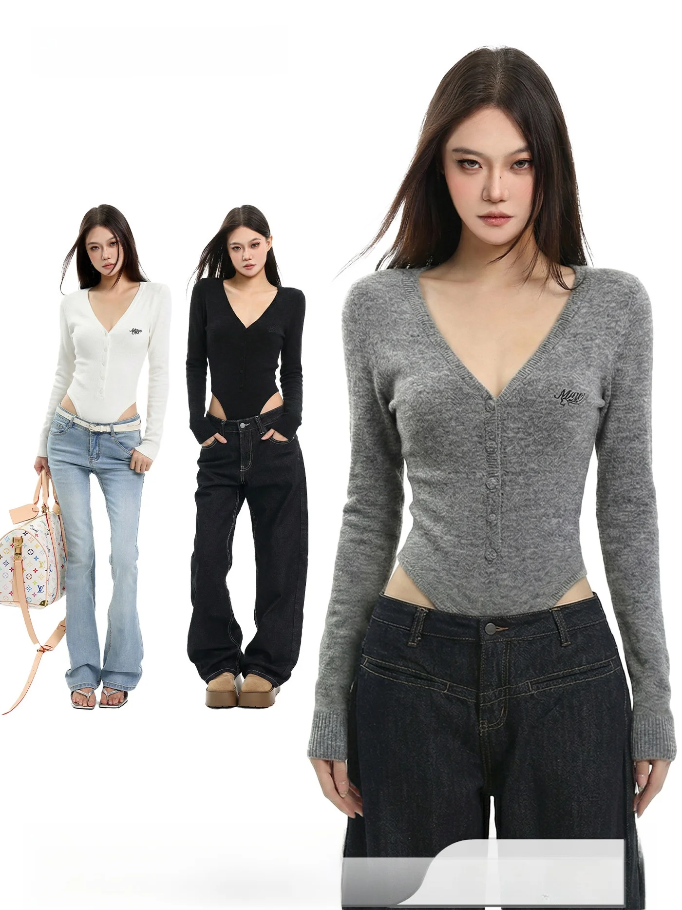 

ay Tight American Sle Sexy V-ne Knitted Rer Women's Low Waist Slim Fit Base irt Top Commute Sle Button Detail