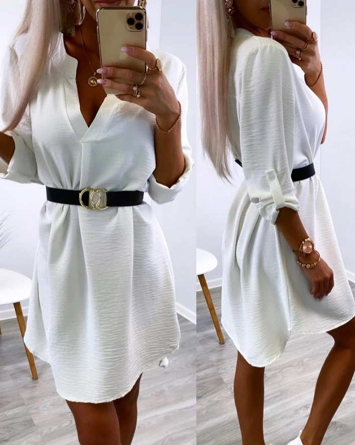 

Women's Urban Shirt Dress 2024 Summer Autumn Latest Commuter V-Neck Roll Tab Sleeve Casual Mini Dress Long Sleeve Short Skirt