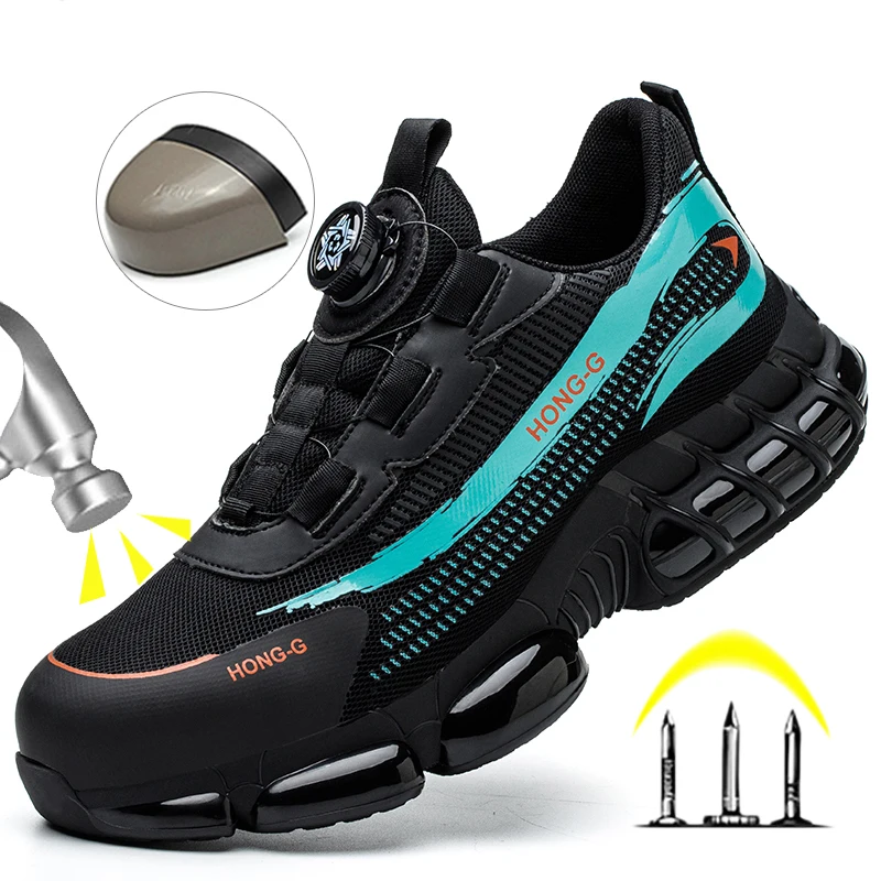 Men Rotating Button Safety Shoes Steel Toe Shoes Air Cushion Safety Boots Anti-Smash Work Shoes Indestructible Protective Shoes