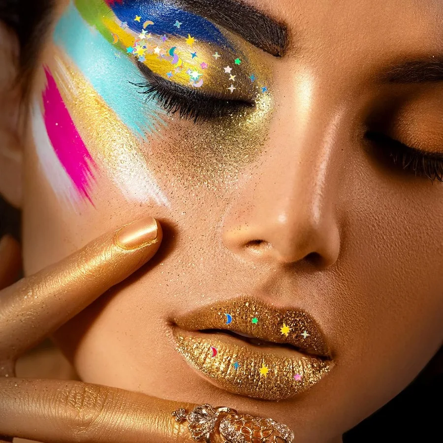 กลิตเตอร์โฮโลแกรมรูปดาวและพระจันทร์ 60 กรัม 2.1 ออนซ์ กลิตเตอร์วิ้งๆ แบบเมทัลลิกสำหรับตกแต่งโต๊ะ กลิตเตอร์สีรุ้ง กลิตเตอร์ฟอยล์