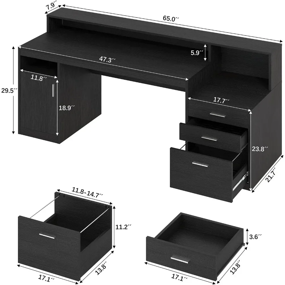 Computer Desk with 3 Drawer Storage Shelves, Home Office Desk with File Drawer Cabinet, Writing Study Table with Long Monitor