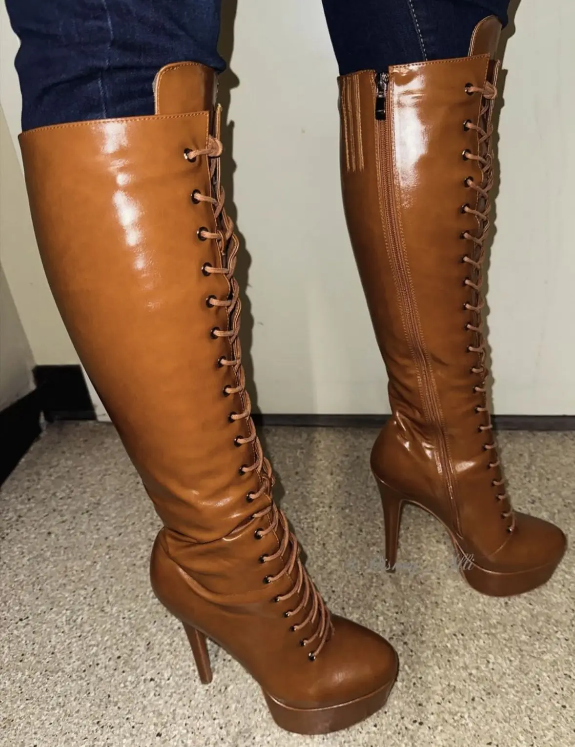 Lady Dark Brown Gladiator Platform Knee Boots Zipper Office Retro Style Lady Footwear Stiletto Heel Boots Pu Mirror Size 34-46