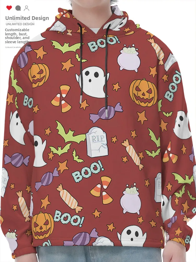 เสื้อฮู้ดลายการ์ตูนน่ารัก ฮาโลวีน ฟักทอง ผี ค้างคาว แฟชั่นสตรีทแวร์ ผู้ชาย แขนยาว พิมพ์ลาย...