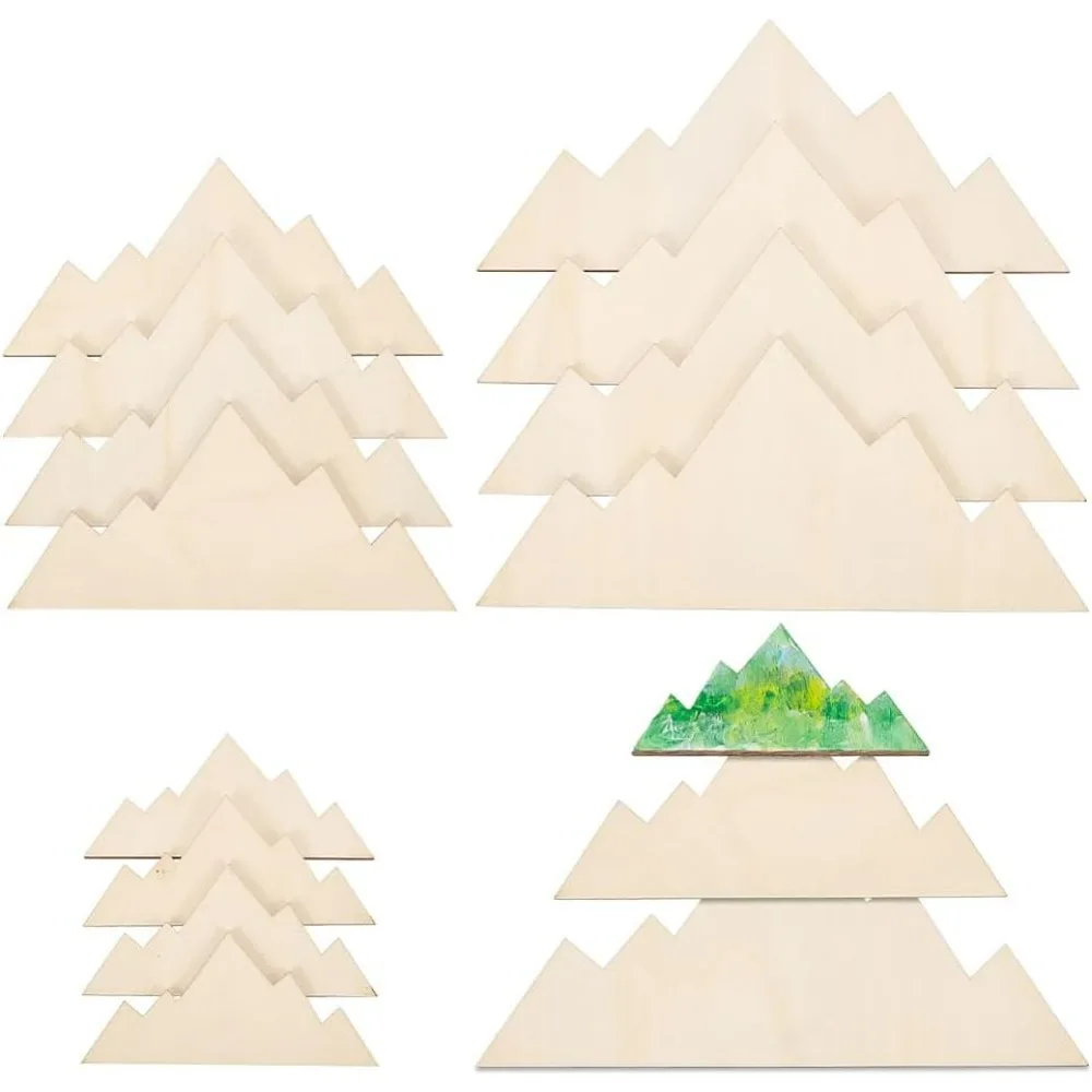 12 Pcs 3 Sizes Mountains Unfinished Wood Pieces 1.73-3.5x3.9-7.8x0.12 Inch Print Wooden Ornament Wood Cutouts