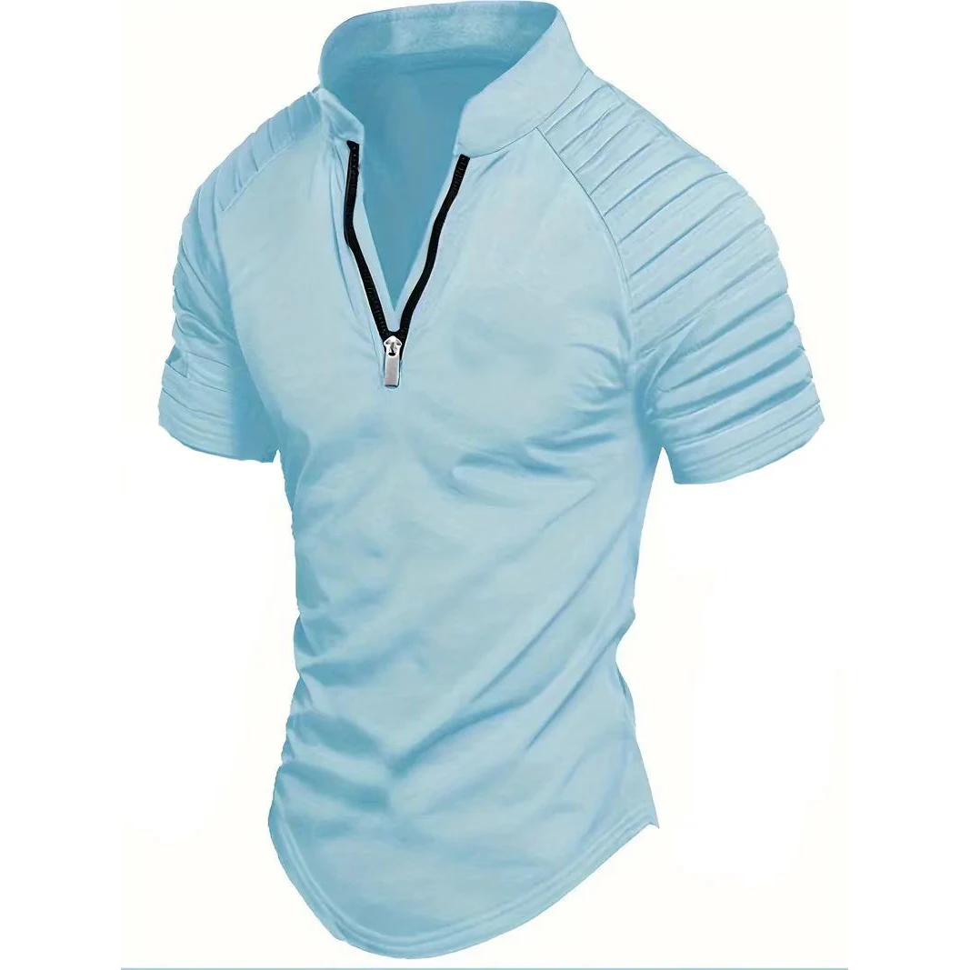 

2025 Summer Men's Stand Collar Polo Shirts Solid Color Short Sleeve Half Zipper Casual Polos Men Sports Loose Outdoor Tees Tops