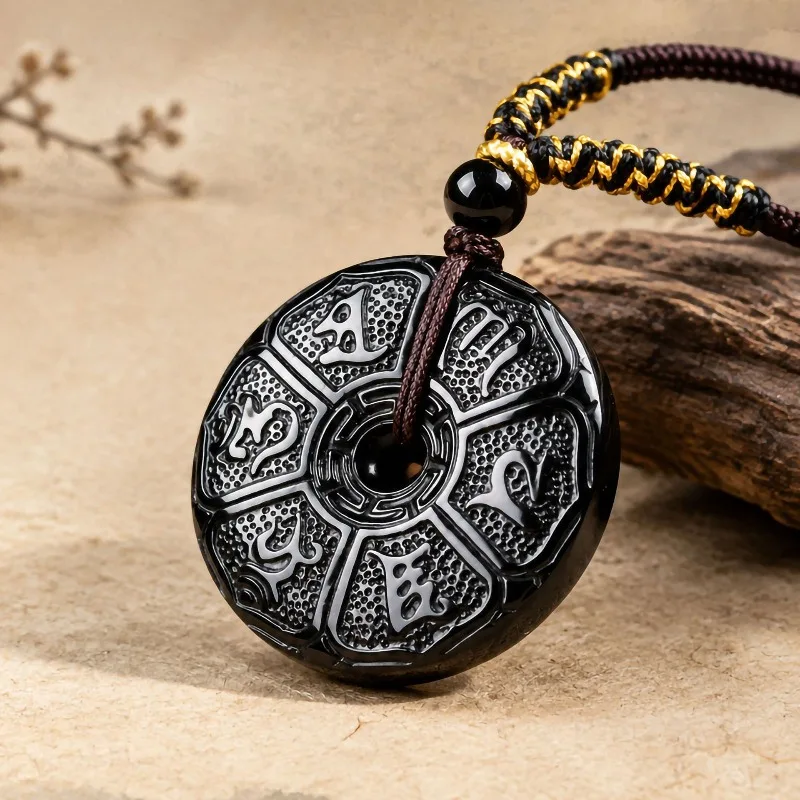 Natural A Grade Black Jadeite Peace Buckle Pendant Six Syllable Mantra Carved Jade Necklace Unisex Lucky Amulet Jewelry Gift