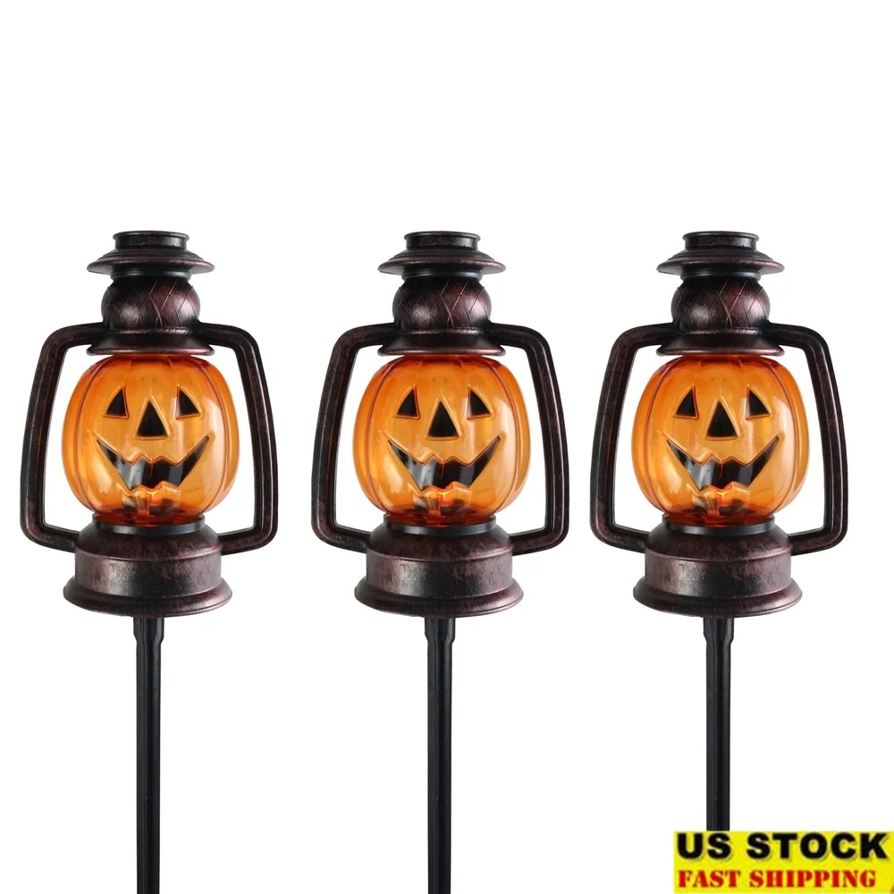

Halloween Pumpkin Lantern Pathway Markers Set of 3 Flickering LED Lights Outdoor Indoor Decorations with Ground Stakes