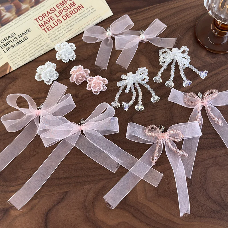 Sweet Pink Ribbon Bow Crystal Beaded Shoe Clips for Sneakers Flats Loafers Removable Shoe Decorations Versatile Accessories