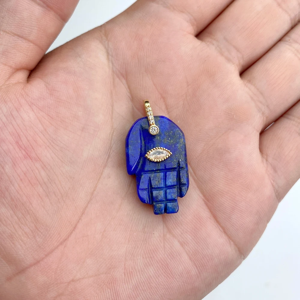 Lucky Natural Stone Fatima Hand Charms 1Pc Blue Lapis Lazuli Evil Eye Hand Pendant For Jewelry Making Earrings DIY Necklace