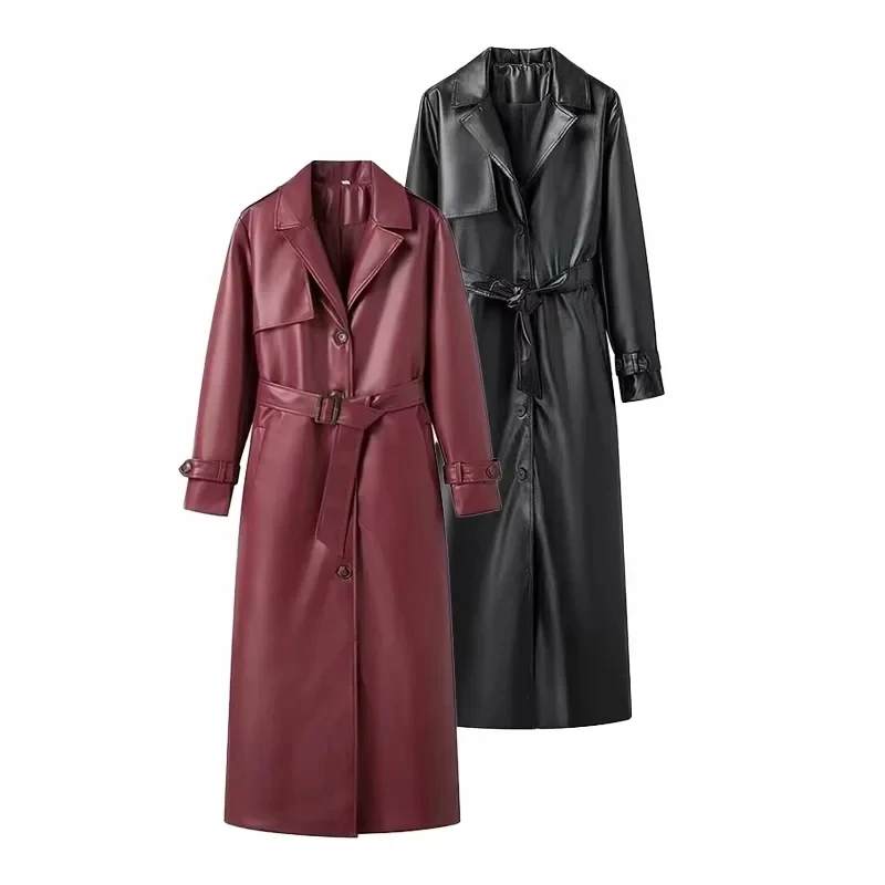 

Autumn Winter New Women Luxury Faux Leather Jacket Coat Belt Loose Long Windbreaker Trench Vintage Female Outerwear