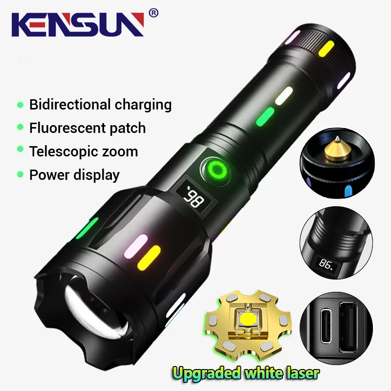 High Power Spotlight Long Range LED Flashlight Fluorescent Absorbing Film Luminous Colorful Zoom Flashlight Camping Emergency