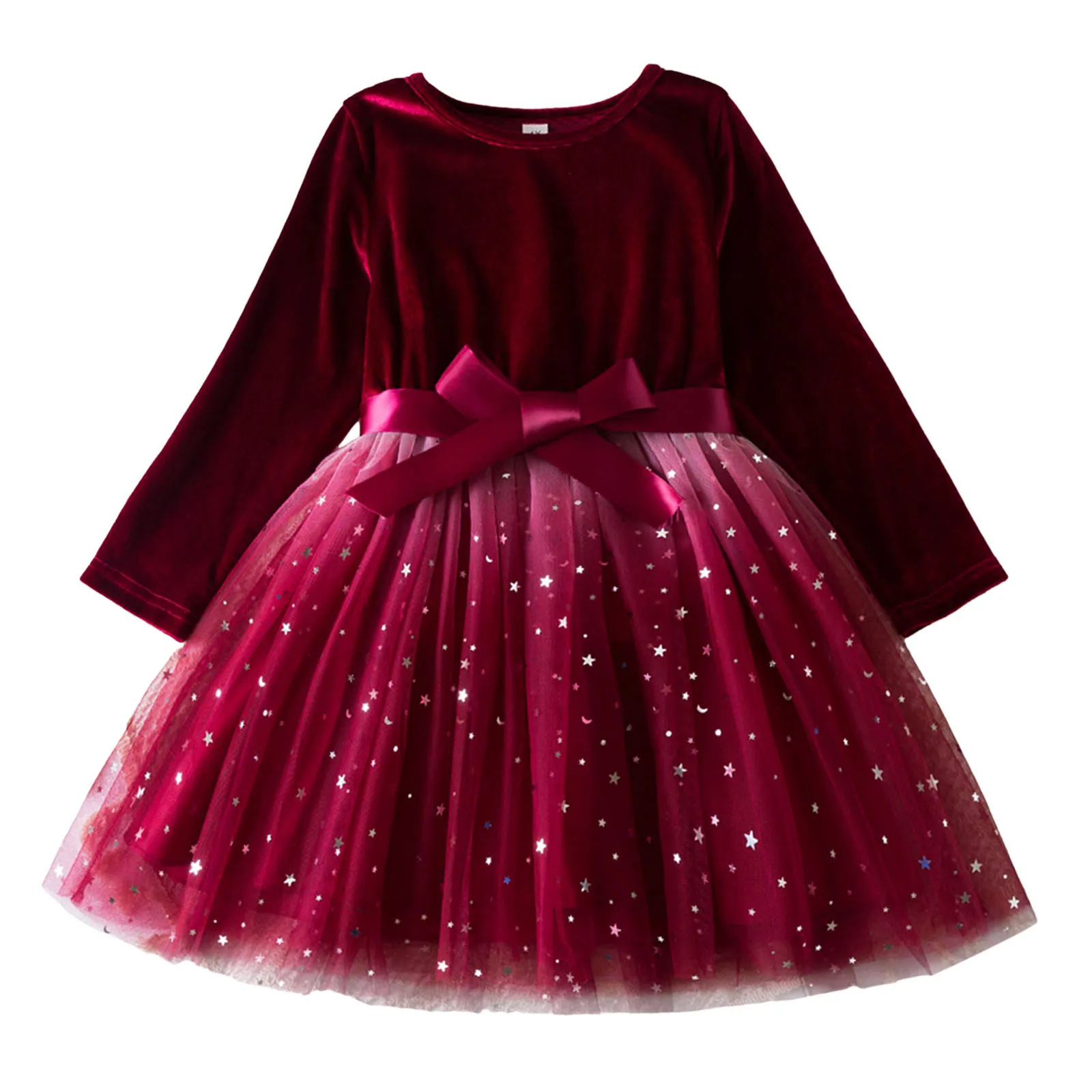 2024 New Girls Dress Autumn Winter Long Sleeve Bow Sequin Princess Dress 3-8 Yrs Kids Christmas Birthday Party Festival Costume