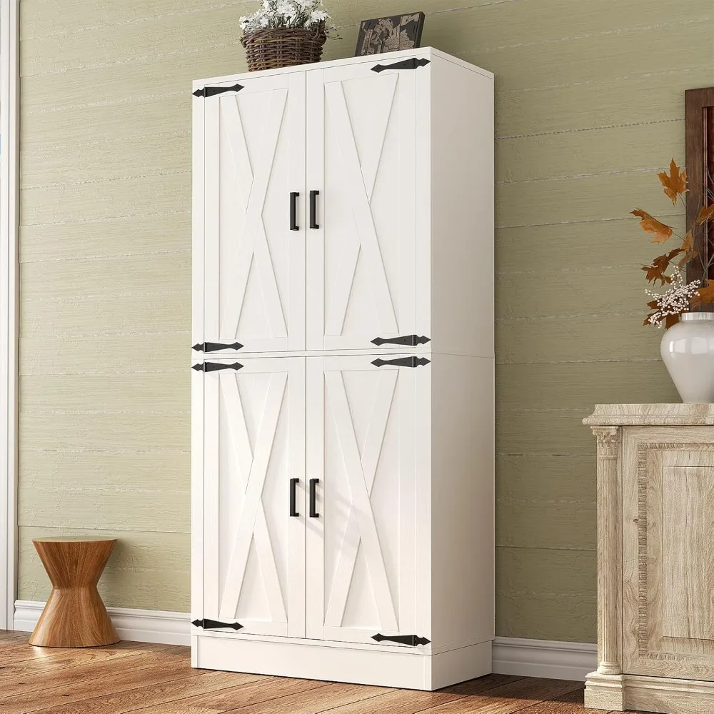 

Kitchen Pantry Storage Cabinet with Farmhouse Barn Doors and Storage Drawer, 4 Adjustable Shelves, Freestanding Tall 71‘