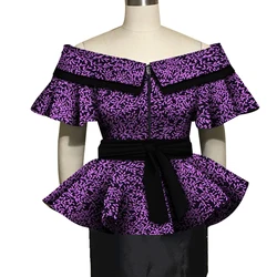 Fashion African Tops for Women African Print Blouse Slash Neck Cotton Shirt with Waist Belt Lady African Clothes WY5021