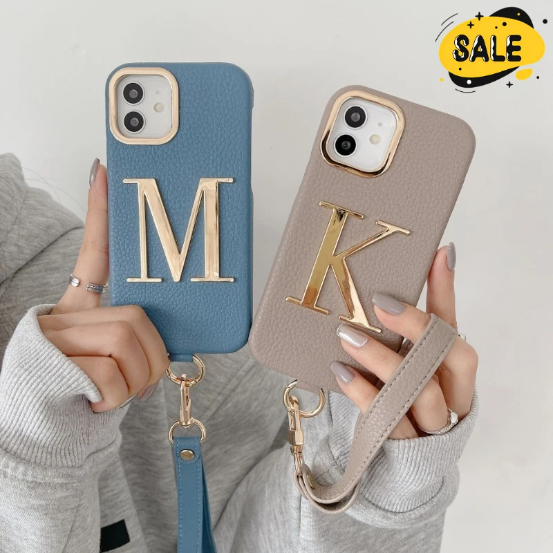 

Leather Hand Rope Gold Letters Custom Name Letter for Iphone 16 15 14 Pro Max 16 14 Plus Simple Design Protector Cover