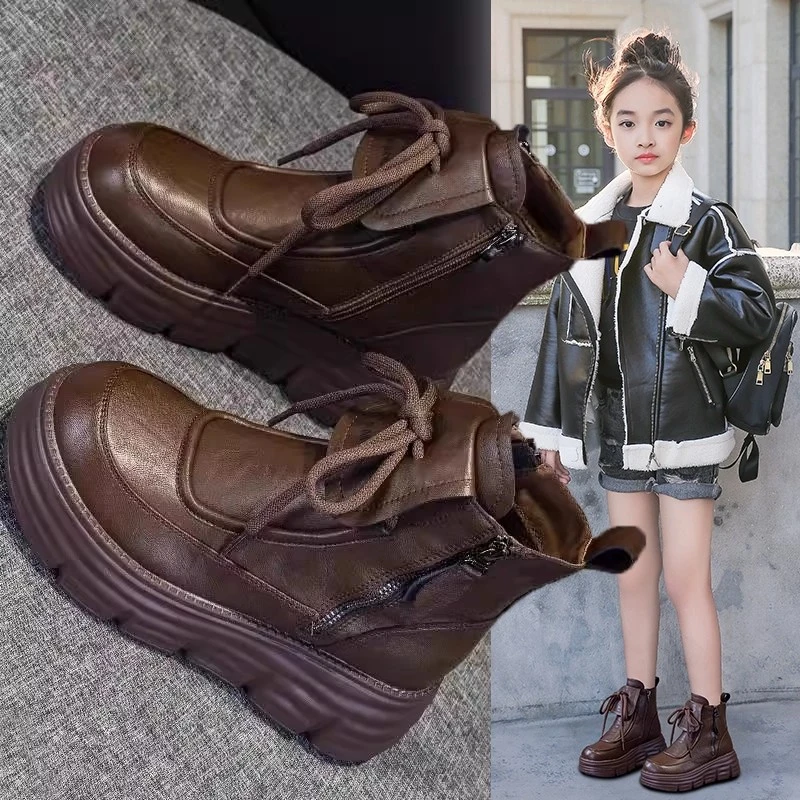 Unisex Kids Chunky Leather Boots 2026 New Winter Kids Warm-lined Ankle Boots Non-slip Simple Punk Style School Riding Boots