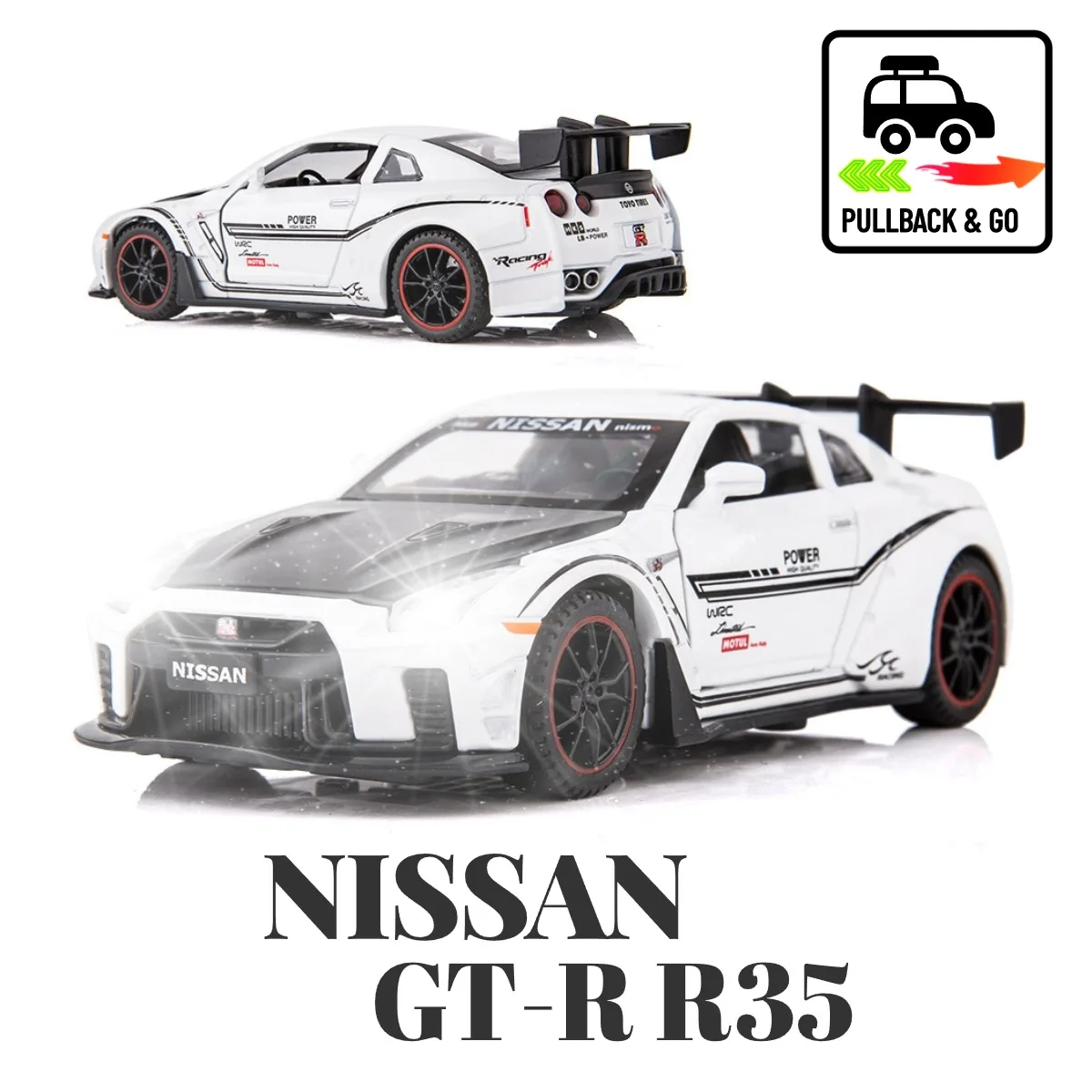 

Scale 1:32 Nissan GT-R R35 Pullback Car with Lights Engine Sound, Diecast Car Model Miniature Gift Kid Boy Toy