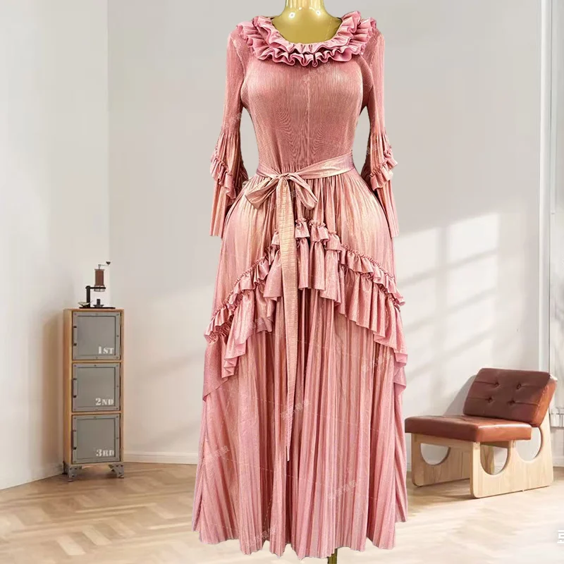 

Miyake Pleated Dresses Plus Size Plisse Women's Fold Long Dresses Light Luxury Pleat Foil Long Sleeve Dress Pleats Dresses