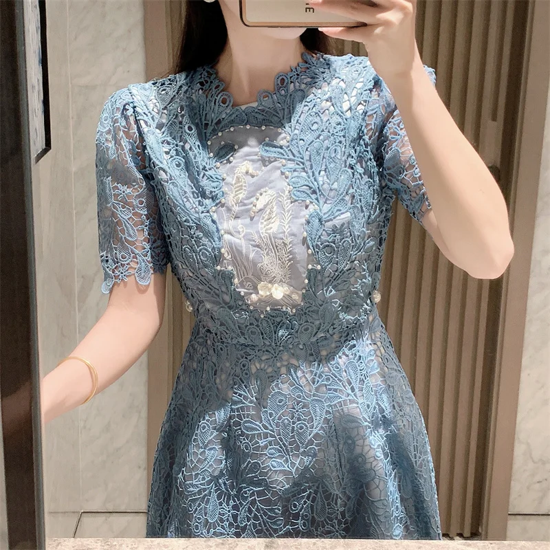 Summer Holiday Flower Embroidery Blue Lace Prom Dress Women Short Sleeve A Line Pearls Midi Long Dresses Lady