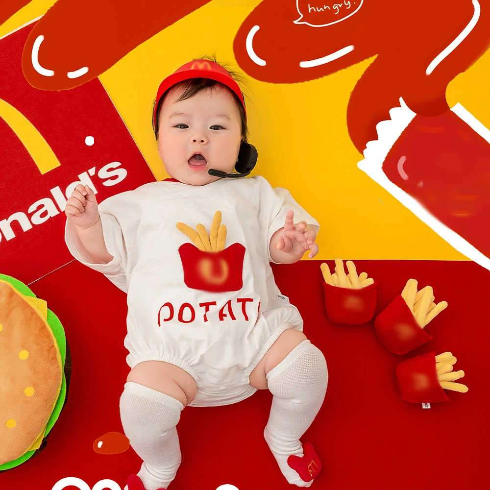 Costume de photographie de bébé 100 jours, style salle à manger, ensemble à thème, combinaison, chaussettes, chapeau, studio, bébé, fille, garçon,