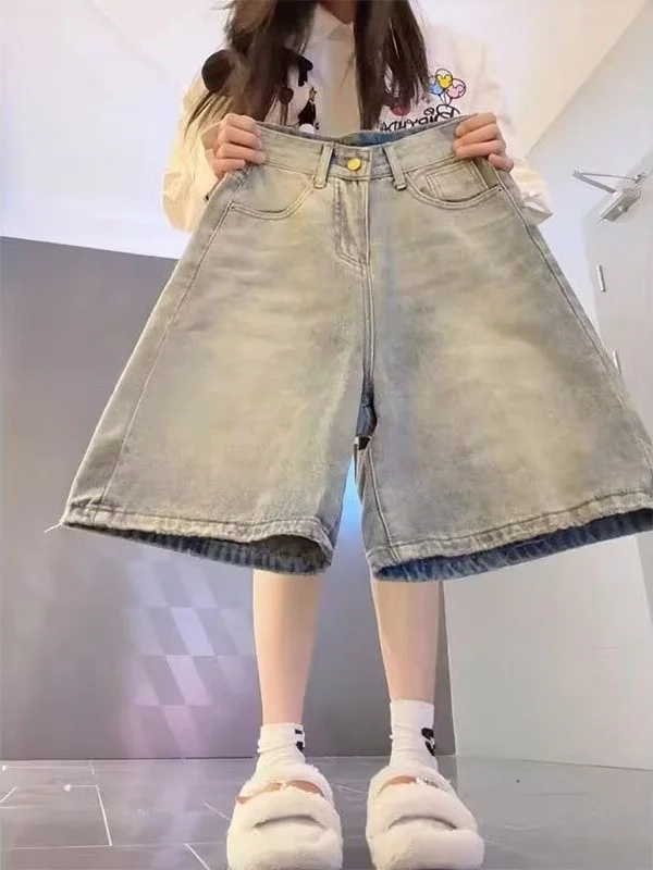 

plus Size Women's American Retro Denim Five-Quarter Shorts Summer New High Waist Slimming Loose Wide Leg Mid-Length Pants