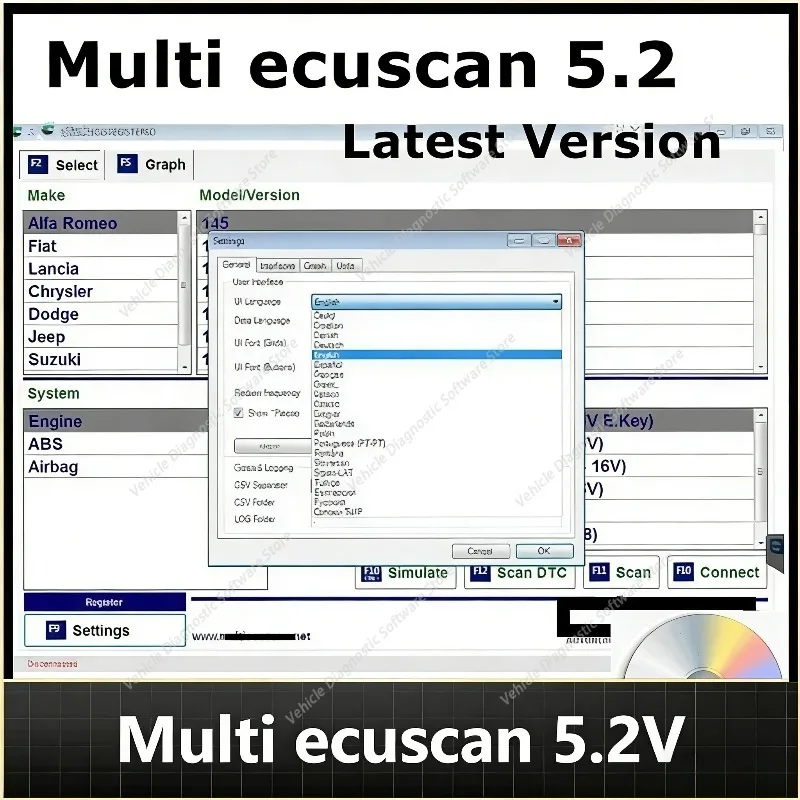 New Multiecuscan V5.2 Registered for Fiat/Chrysler/Dodge/Jeep/Suzuki Scanner Software Work with ELM327 OBD II Diagnostic Tool