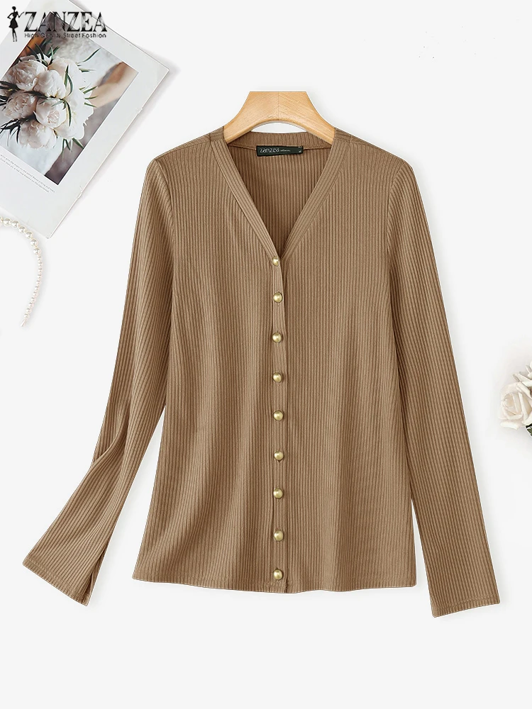 2025ZANZEA Frauen Mode Gestrickte Pullover Elegante Jumper Herbst V-ausschnitt Strickwaren Strickjacke Casual Solide Lose Pullover Jumper